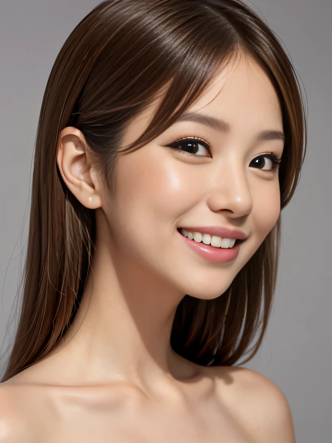 (Highest quality、Tabletop、8K、Best image quality、Award-winning works)、(Face close-up:1.2)、(Pure white background:1.2)、(nude:1.1)、Biggest Smile、perfect beautiful teeth、Perfect beautiful face、Glowing Beautiful Skin、Perfect Makeup