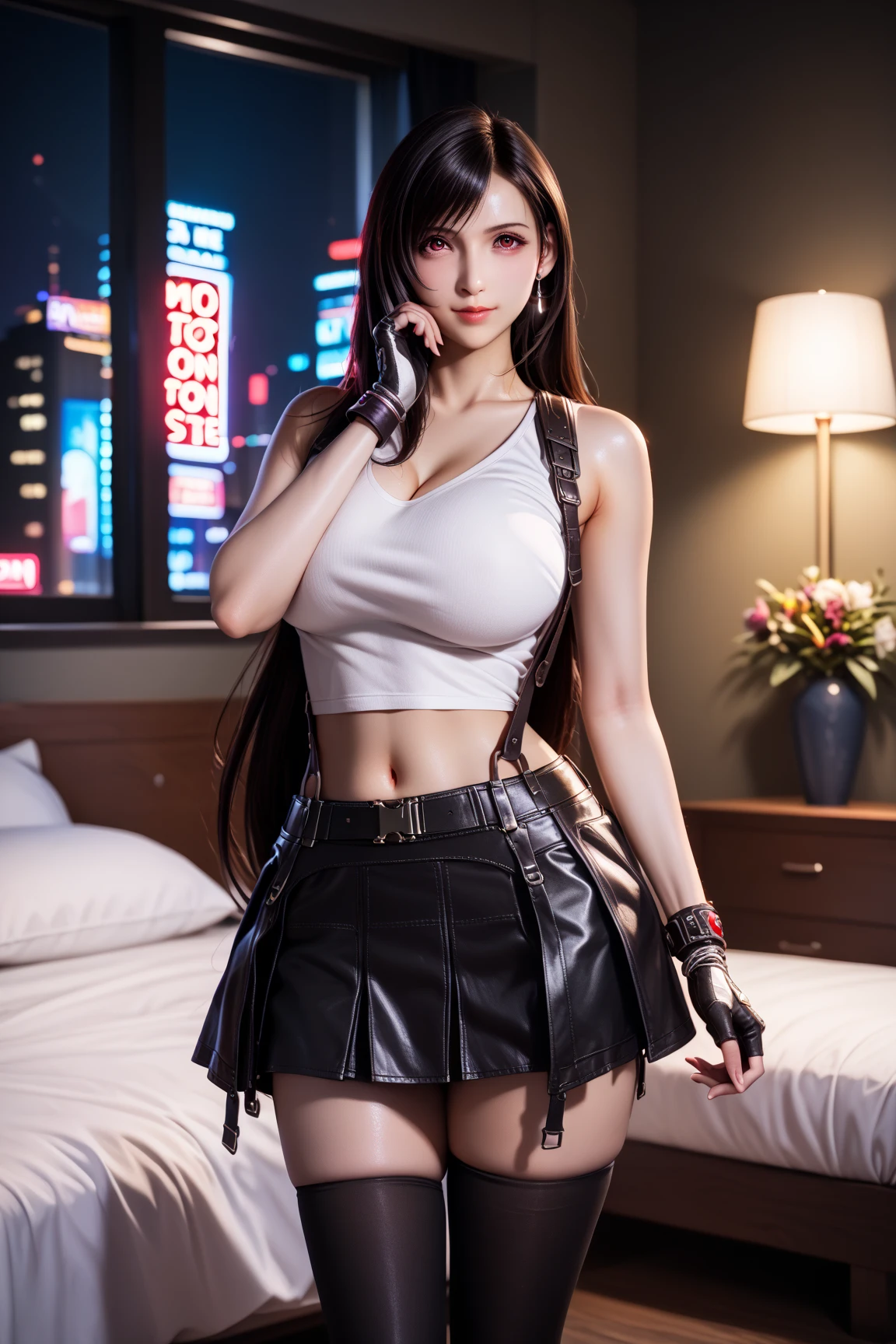 (Realistic: 1.4), 最high quality, Very delicate and beautiful, High resolution,masterpiece, 最high quality, 超High resolution, (Realistic:1.4), Detailed beautiful face, , One girl, Tifa_Lockhart, Final Fantasy VII Remake, Stunning European Women,Cowboy Shot, suspenders, Low rise, Black mini skirt, Black border white tank top, Tense shirt, Black Hair, Long Hair, Sexy Body,Beautiful breasts, Very beautiful and shining eyes,Beautiful feet, So cute, Close-upポトレイト, 柔らかい肌のPerfect Faceを持つ素敵な, Perfect Face, (((Huge breasts))),Tight waist,Chainetter、thigh、In the dungeon,Complete diagram, Shapely hips, 8K resolution,Surreal,Ultra-detailed,high quality, (Huge teardrop chest, Huge breastsの谷間:1.2), Giant tit, Close-up,A broad perspective