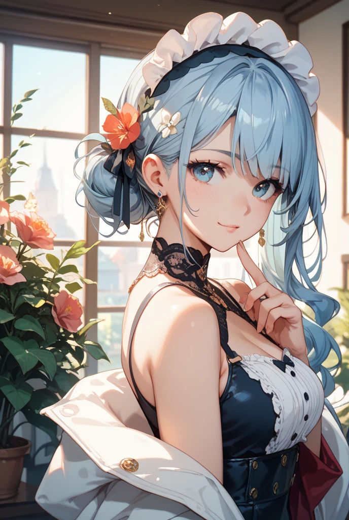 Hoshimachi Suisei,blue eyes,blue hair,choker,hair between eyes,medium hair,side ponytail,Star choker,(small breasts:1.2),
BREAK (black dress, dress, fur coat, high collar, jewelry, necklace, off shoulder, taut clothes, taut dress:1.2),
BREAK (((vibrant background of outside, flowers, bright lighting, summer, sunlight))), flat chested, looking at viewer, ((head:1, hips, elbows, arms, in view)),
BREAK (masterpiece:1.2), best quality, high resolution, unity 8k wallpaper, (illustration:0.8), (beautiful detailed eyes:1.6), extremely detailed face, perfect lighting, extremely detailed CG, (perfect hands, perfect anatomy),