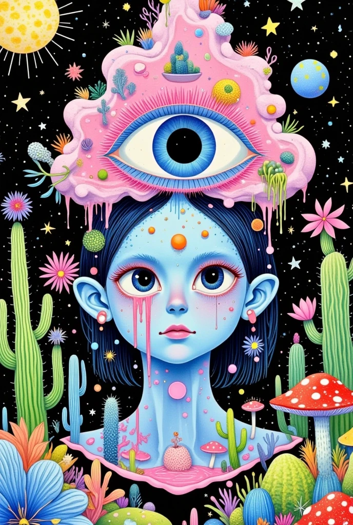 There is a painting，There is a blue eye in the painting，There are many eyes on it, Psychedelic illustration, author：Justin Gerard, Juster Battle, beeple 和 james jean, Psychedelic surrealist art, Beeple 和 Jeremiah Ketner, Pop Surrealism艺术风格, Android Jones&#39;s Works, Greg Beeple, retro Psychedelic illustration, Psychedelic cosmic horror, The Third Eye, Pop Surrealism