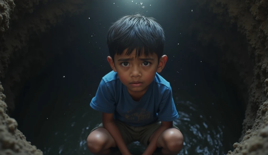Create a photo of lord little krishna standing on flood of Bangladesh with sad feelings for the people and praying for Bangladesh.