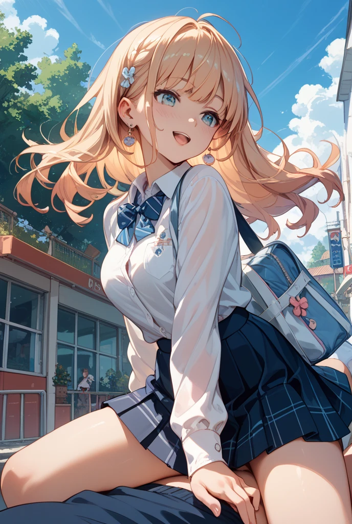 Realistic and detailed image of a girl dressed in school uniform and pleated mini skirt. She has long wavy blonde hair in pigtails. Blue eyes. She has earrings, long eyelashes. she has small breasts, slim waist, wide hips and thick thighs. smiling, pleased face. arched back. She is in a high school hallway next to a garden with flower petals falling around her.