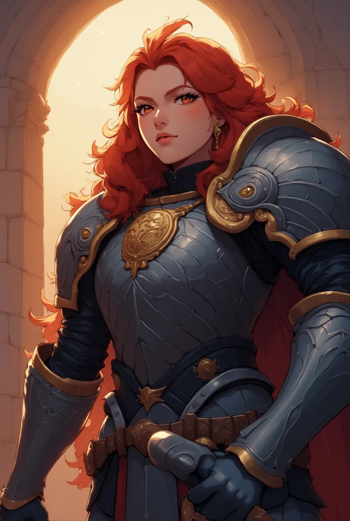 (8k, RAW photo, best quality, masterpiece:1.2), (realistic, photo-realistic:1.4), (extremely detailed CG unity 8k wallpaper), a full body (rogue:1.1) female wearing gold (leather armor:1.3), stiched worn out armor, (insanely detailed:1.5), gold and (white:1.5), Concept art portrait by Greg rutkowski, Artgerm, hyperdetailed intricately detailed gothic art trending on Artstation, fantastical, intricate detail, (small blue highlights:1), (redhead, wavy hair, high ponytail: 1.4)