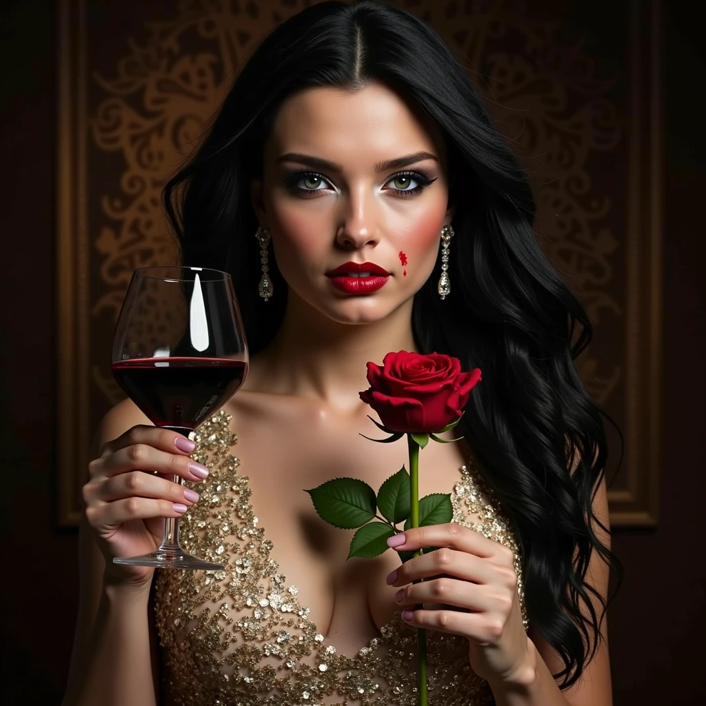 A young female vampire, beautiful, in a silver gown, holding a glass of wine in her hand. --auto --s2