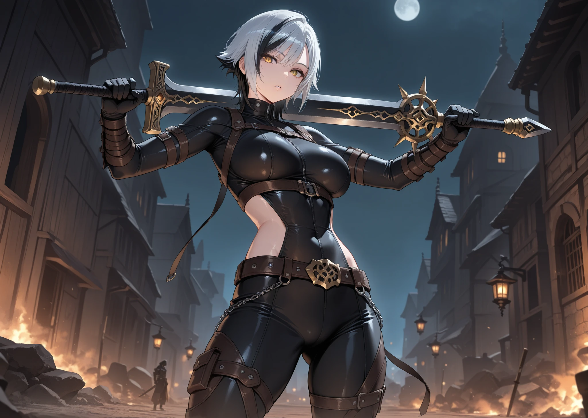 Solo, Highest quality, Masterpiece, Dynamic, Highly detailed CG, Highly detailed 8K wallpaper, Bird&#39;s eye view, Highly detailed character, Standing upright, Side view (very detailed and beautiful portrait), Medium bust, Beautiful lines ,woman with silver Mohawk and blue leather armor adventuring to a new castle, shaved head sides, (platinum hair:1.4), shiny floors, rogue, wrapped hands, (mohawk:1.5), strong, (character focus:1.2), gates of hell, fiery smoke in the distance, deep dungeon, poison flasks, portrait, solo, clear focus, (((side shaved hair))), tomboy girl, butler, navel piercing, tattoo under eye, Mohawk, green eyes, detailed portrait, looking at viewer
