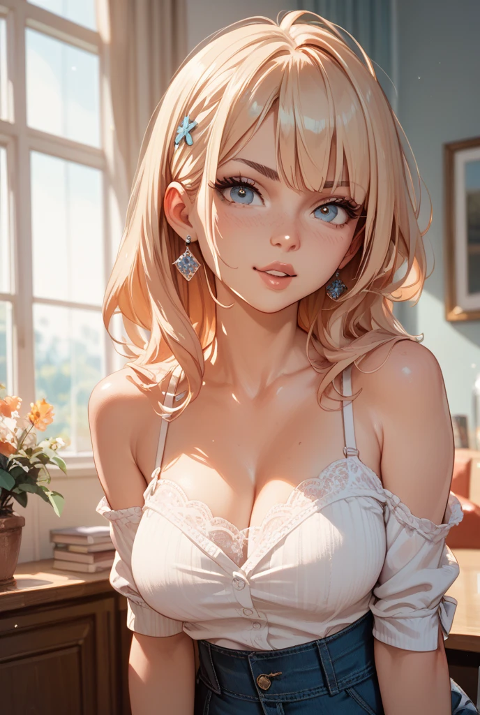 1 girl, Natural photography of a beautiful girl, wearing a loose crop top, leaning over, medium hair, big bust, locks eyes into the camera, symmetrical eyes, symmetrical face, (masterpiece) (best quality) (detailed) (8k) photorealistic, photography, path tracing, specular lighting, volumetric face light, path traced hair, visible shadows, intricate, elaborate, oiled , cleavage, wet skin, flirty, , blush, dark eyeliner, hanging breasts, girl bending over, strap gap, leaning forward, blonde