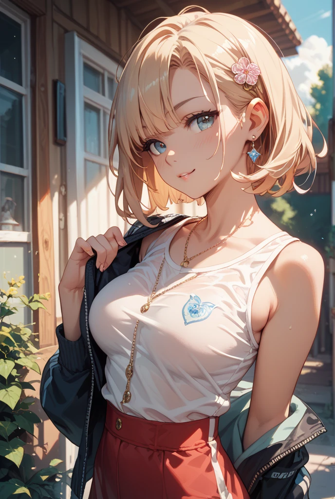 Create a photo-realistic young blond woman (length to shoulder), Blue eyes and big . She is wearing a white T-shirt, Crew Neck, Long short sleeves, none, She also wore a monochrome black cotton mini skirt. She climbed out of the swimming pool, Wet. The T-shirt clings to her body，A bit transparent. whole body, Wide-angle shooting.  