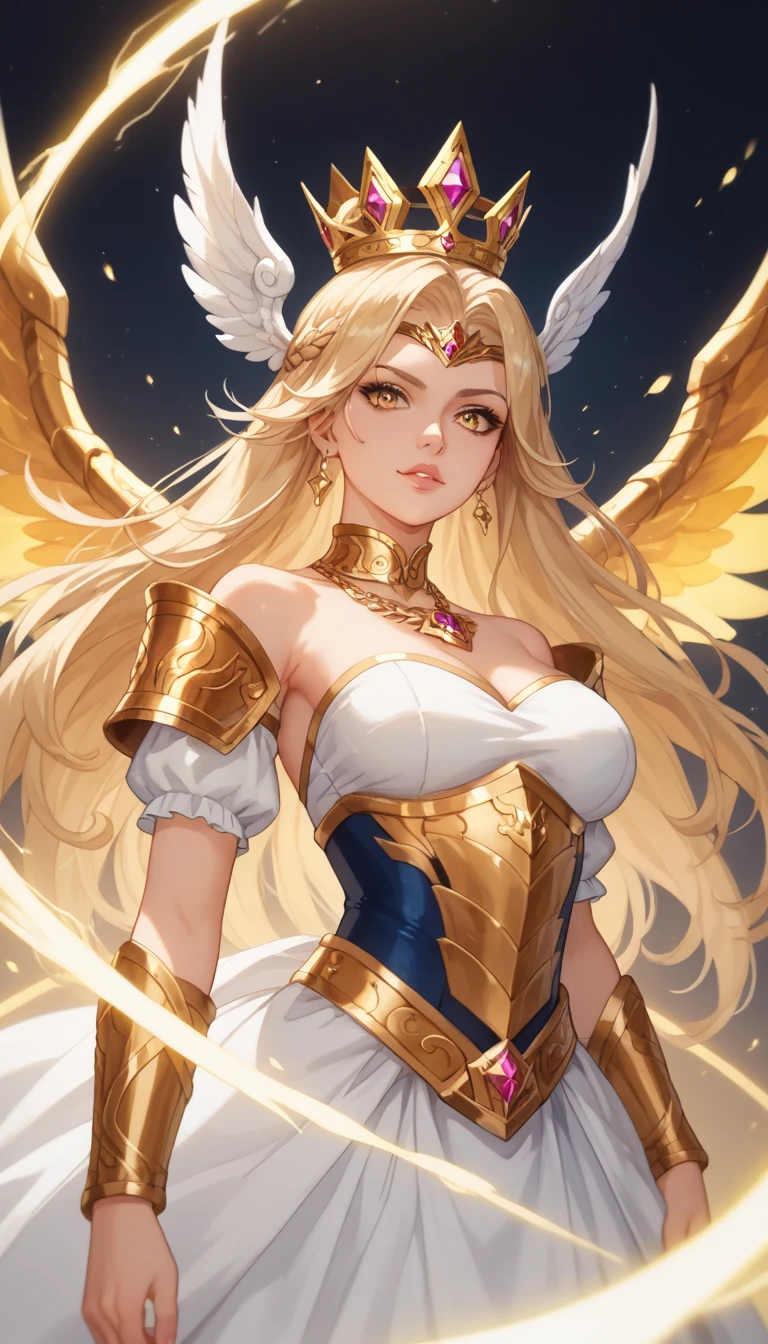 adult man, longue blonde hair, Green eyes, eye on the forehead, Toothed crown, open torso, King-God, wings, Masterpiece, hiquality