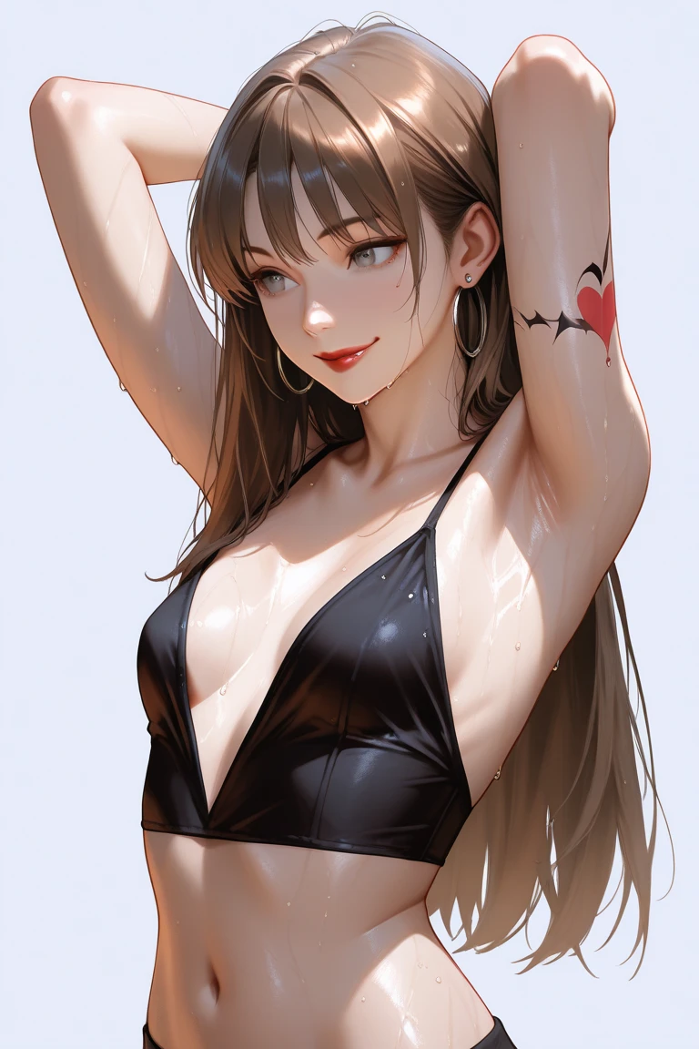 (Best quality, 8k, 32k, Masterpiece, UHD:1.2), kizuna ai, small breasts,long hair, brown hair, multicolored hair, hair tied, pink hairband, pink highlights, streaked hair, smiling, blue eyes, micro bikini, navel piercing, tattoo on stomach, tattoo on chest