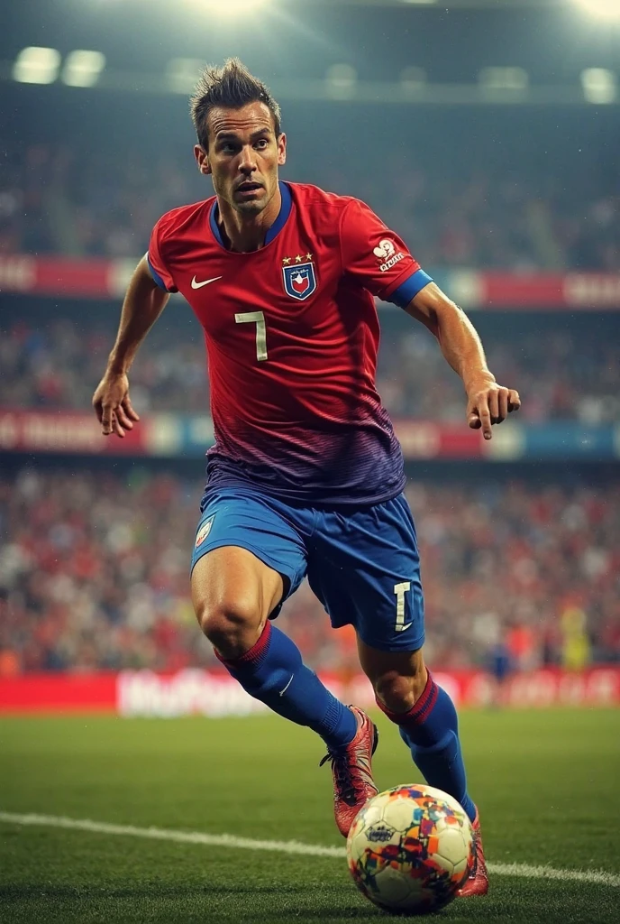 A captivating and impressive photograph of Neymar but at 80 years of age. He has gray hair, wrinkles on his skin, he is on a soccer field, walking while kicking a soccer ball.