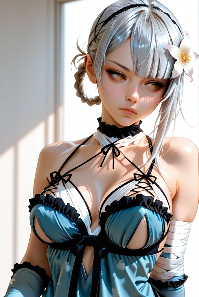 1 girl,in a two-piece wedding dress,beautiful detailed eyes,beautiful detailed lips,extremely detailed eyes and face,long eyelashes, character,two-piece wedding dress,white gown,detailed lace trim,(best quality,4k,8k,highres,masterpiece:1.2),ultra-detailed,(realistic,photorealistic,photo-realistic:1.37),elegant,traditional wedding attire,fancy hairdo,big bow on the back of the dress tamaki