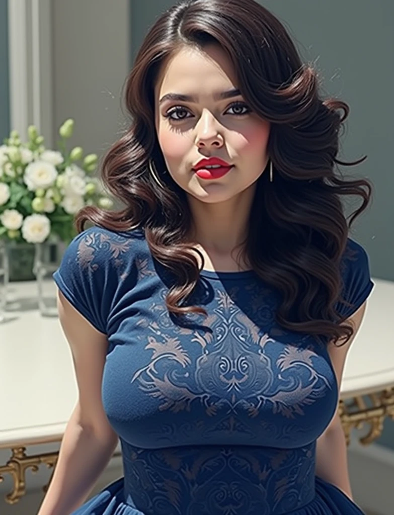 perfect pink eyes, fantastic face, Indian, beautiful look, ((red lips, bright eyes, curve heir 1.5)), ((beautiful details  normal big breast )), (Straight round and ultra huge clevage, not sagging breast), A glorious gorgeous, glorious gorgeous face, pretty face, bright eyes, detailed elegant printed shirt and blue jeans,elegant hair, blurred gray tones background, ultra focus, face ilumined, face detailed, 8k resolution, painted, dry brush, brush strokes, razumov style and garmash style, by Tokaito, ((Full Open )), full body, sexy open thin belly, upper body part partially naked