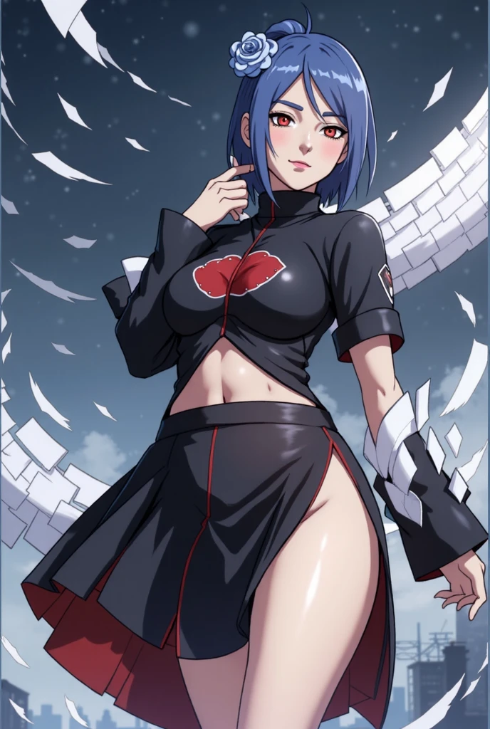 one-girl，（Off-the-shoulder attire:1.5)，Large breasts，（best qualtiy），（cleavage)（tmasterpiece）
Xiaonan\（Naruto\），（AKATSUKI OUTFIT：1.1），La Brett piercing，dardark blue hair