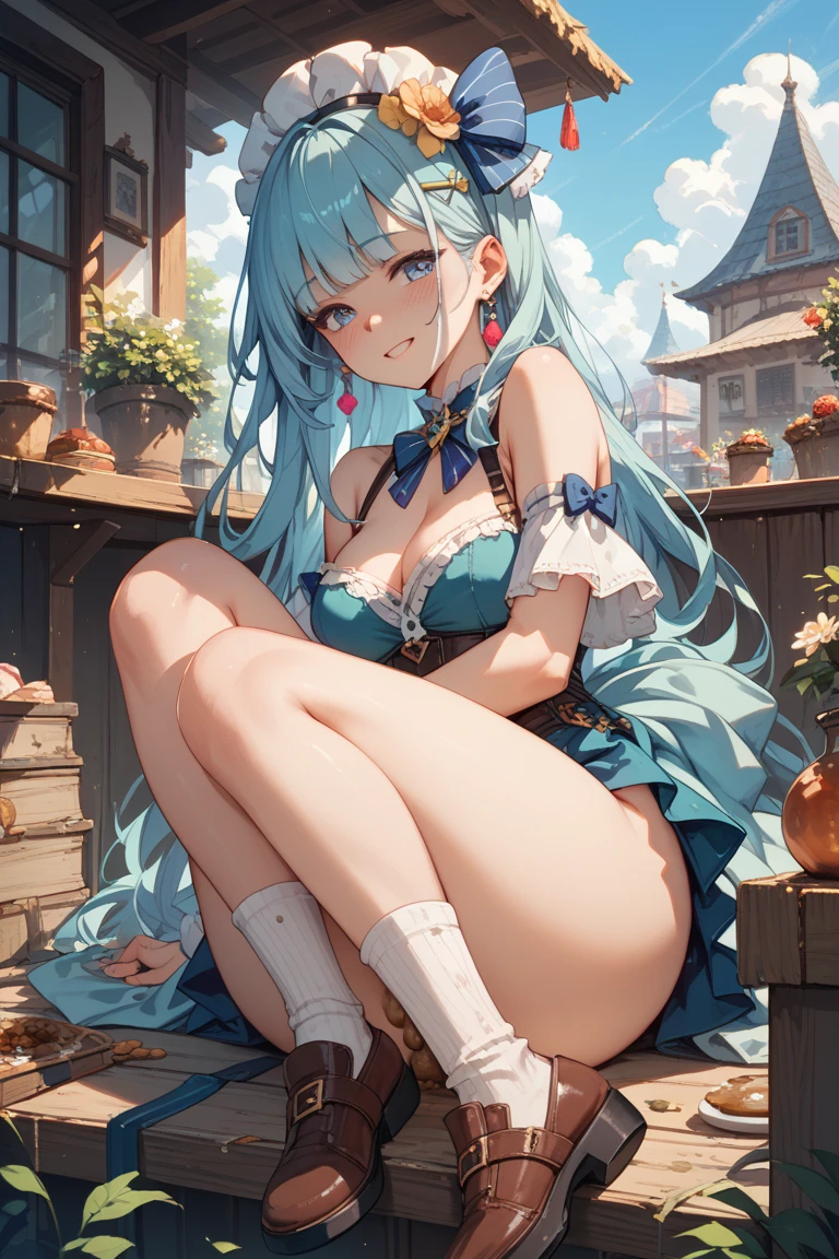 smile, Open your mouth, 
wise, junior,dq3,One girl,Sage,((Highest quality)), ((masterpiece)),(detailed),High resolution,Sharp focus,Perfect Face,{best illustration},
(complete anatomy),(Huge breasts,Glamour),(非常にdetailed CG unity 8k wallpaper),(((Vibrant colors))),Official Art,dq3,
shiny 肌,very shiny 肌,Shiny body,plastic glitter 肌,exaggerated shiny 肌,illuminated 肌,
((detailedなボディ)),(detailedな顔)), cute,Lewd,erotic,Bold,Light blue long hair,Red Eyes,
Camel Toe,(erection of nipple),
Exposing shoulders,White Dress,White mini skirt,Leather Belt,Yellow Boots,Yellow Long Gloves, White underwear,A gold circlet set with a red gem,
Holding a wooden cane,
Rural towns in Europe,((Two-story house with blue walls,Flower-filled path,Potted plants and antique chair,
Sunlight filtering through the cobblestones,Slate roofing,Red framed window,Blue sky and clouds)),　 (medieval landscape:1.2),
Put your hand on your cheek,　 straddling, spread legs, knees away, (from side),