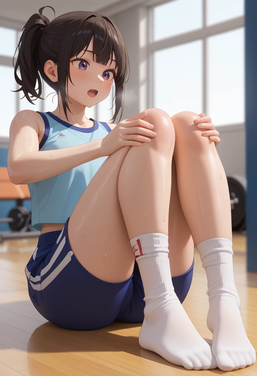 (((((whole body)))))、Youmu, This is a very cute gym uniform 、smile,、Cross-legged、barefoot、