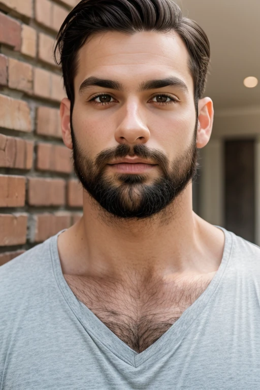 photo realistic, natural light, handsome italian man, will sharpe, 28 years old, lean and well defined body, very hairy chest, stubble beard, very haired armpits, with a sexy but cute smile, stubble, brown curly hair, brown eyes, messy hair, taking a selfie in the streets of london, seen from the side