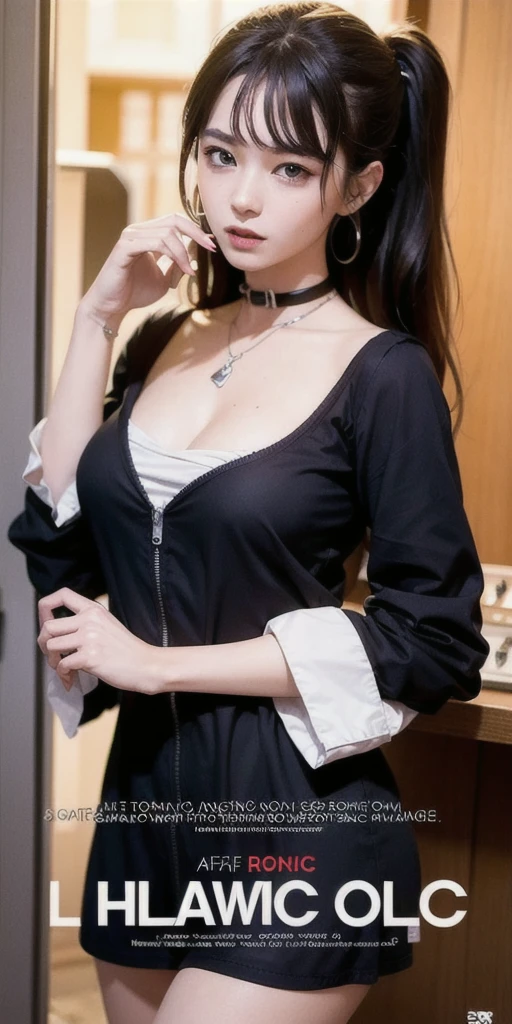 She is wearing a sleek, modernized maid dress with a fitted bodice that accentuates her figure, made of luxurious black satin that shimmers under the light. The dress features a short, flirty skirt with layers of delicate lace peeking from underneath, giving it a playful yet sophisticated look. A crisp white apron is tied around her waist with a large bow at the back, adding a classic touch. The sleeves are puffed and end just above the elbow, trimmed with intricate lace that matches the hem of the skirt. Around her neck, she wears a chic, black choker adorned with a tiny silver pendant. The young, beautiful Asian lady in her 20s has a stunning face with glossy lips that glisten softly, enhancing her warm, inviting smile. Her medium-sized eyes, framed by double eyelids, exude a captivating charm and twinkle with cuteness. Her entire appearance is a blend of elegance and adorability, perfectly captured in highly detailed photography with 16k resolution. The perfect lighting highlights every feature, creating a mesmerizing half-body portrait that radiates beauty and allure.