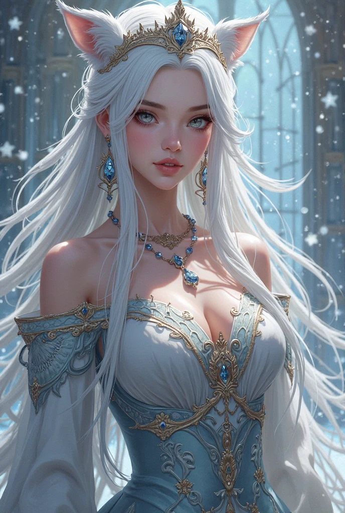 tmasterpiece,Highest image quality,Beautiful half length portrait of noble elf girl,Delicate silver hairstyle,clear sky blue eyes,Various well-made jewelry gauze skirts,snowy desert,Moonlight super detailed,advanced。At the Pixiv Art Station,Break your own power,Luigi,Big breasts exposing cleavage,R-18G
