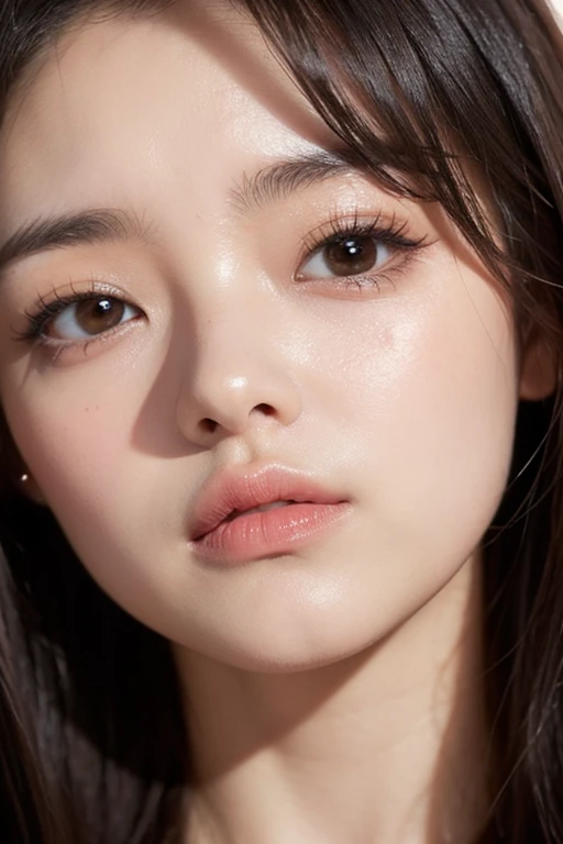 (photo Realistic:1.4), (hyper Realistic:1.4), (Realistic:1.3), (High resolution,High resolution,Sharp focus,8k)(Keep your eyes clearly focused, Nose and mouth,Face Focus,) Woman with open mouth and closed eyes, 、Age 35,Black-haired、Symmetrical face,Realistic nostrils、Angle from below、Elongated C-shaped nostrils,,,,,Browsing Caution,White Background、Sweaty skin、Lighting that accentuates skin that shines with sweat、((Nose hook))Skin shiny with sweat、Shiny skin、(Wet and shiny tongue)(Sharpness)furrowed brow, frown, tongue out, ahegao, long tongue, textured skin, anatomically correct, super detail,Double and big eyes,
