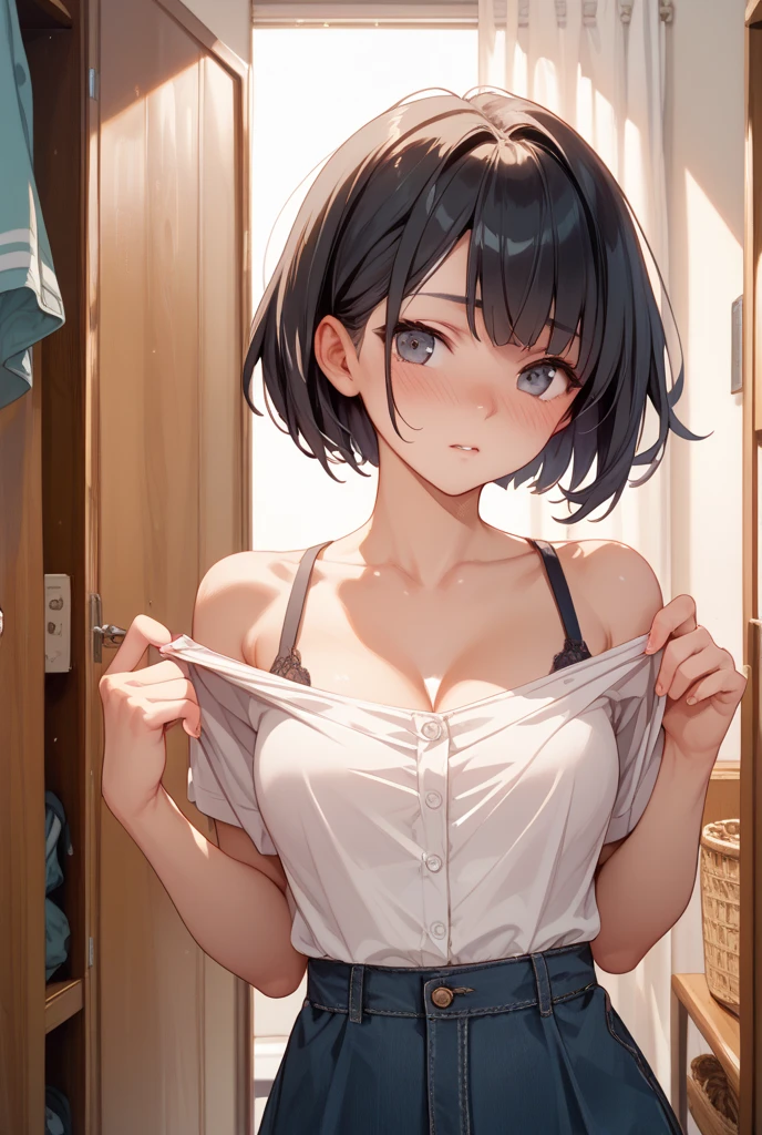 score_9, score_8_up, score_7_up, source_anime, best quality, masterpiece, official art, absurdres, highres, ultra-detailed,waifu2x,Collection: Serious Beauty,break,1girl, very short hair, pixie cut, breasts, beautiful detailed eyes, expressionless, school_uniform, underwear, bra, sweat, open mouth, (yawn:0.3), sleepily,dressing, indoors, school locker room, break,(clear line illustration:1.2), super detailed skin,very high resolution, very aesthetic, Best sexual lighting powered by famous artist, 8k, beauty illustration,photoshop_(medium),,(Detailed Lighting),best anime 8k konachan wallpaper, pixiv contest winner,