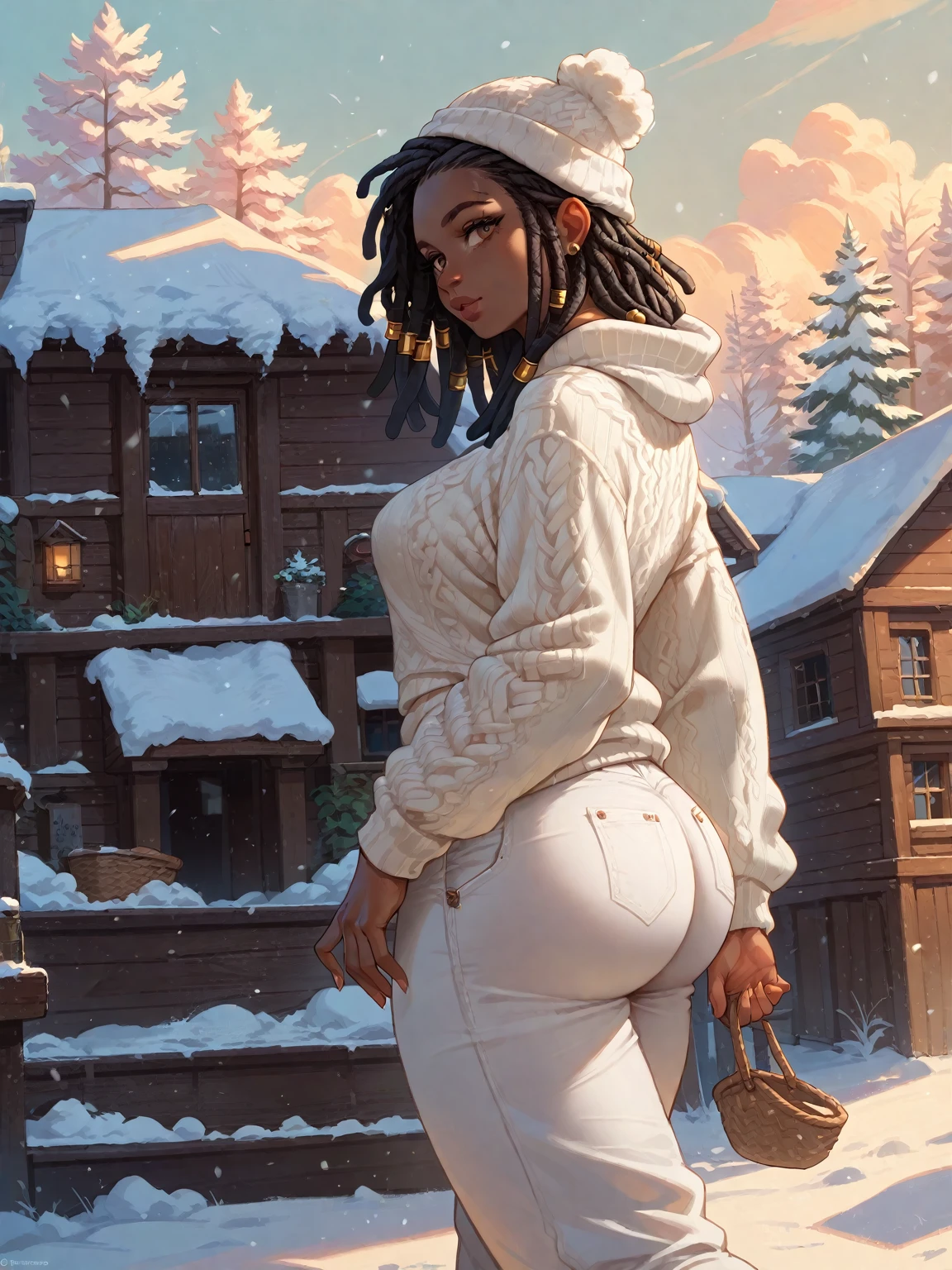 ((ultra high definition)), ((ultra high resolution)), ((ultra sharpness)), ((cinematic)), ((8K)), ((Unreal Engine 5)), ((Ultra Black girl)), ((extremely beautiful)), ((totally realistic)), ((total fidelity)), ((ultra curvy)), ((front view)), ((big ass and thick thighs)), ((ultra detailed face)), (( beautiful forehead))(,ultra detailed eyes)), ((ultra detailed irises)), ((ultra detailed hands)), ((ultra detailed fingers)), (((alone))), (((full body))), ((natural lighting)), ((white tribal markings on skin)), ((always the same face)), ((repeat always the same face)), ((always the same body)), ((always the same body proportions)), ((wearing a Christmas hat)), ((wearing a sexy colourful African shirt with gold linen and edges)), ((gold ornaments)), (blue jeans trousers)), ((in city parking)), ((repeat the same clothes)), ((always the same clothes)), ((looking at the camera)), ((backview towards the camera)), ((short and curly hair)), ((silky curly hair)), ((black hair)),  ((light gray irises)), ((snow)), ((Christmas))