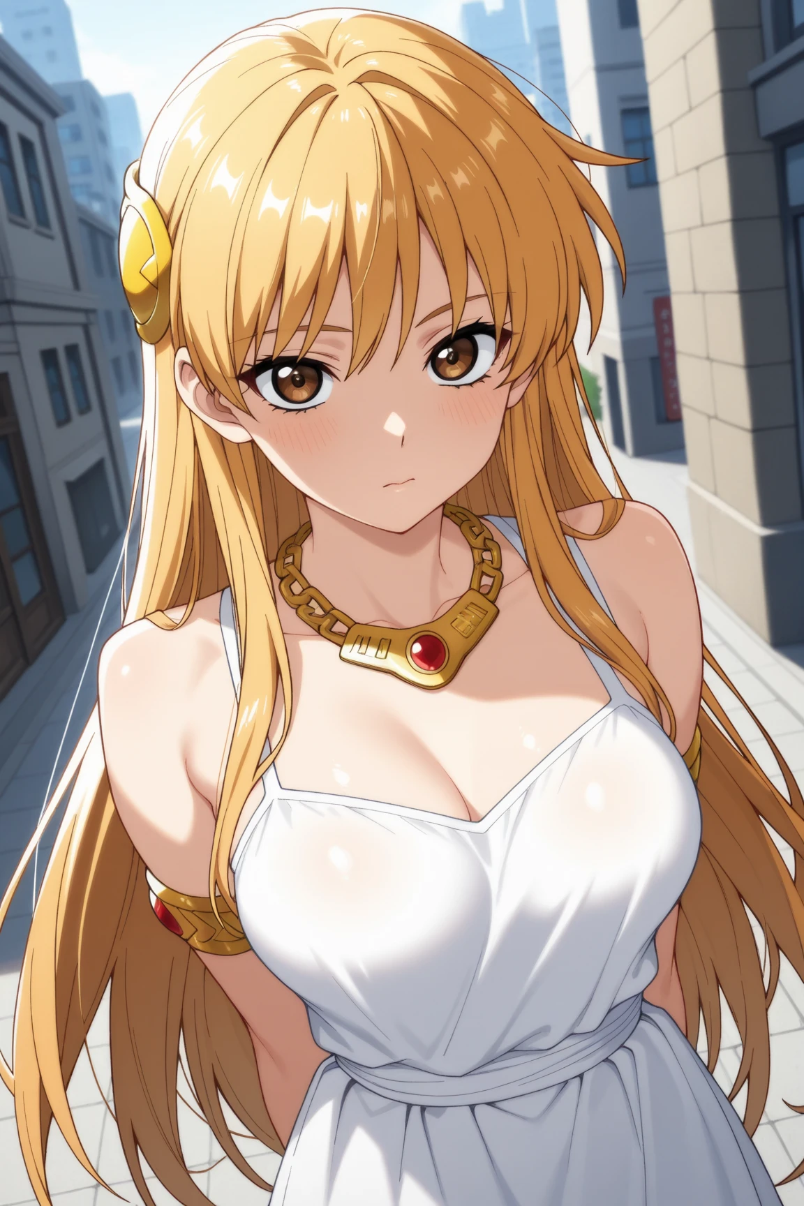 ((Highest quality)), ((masterpiece)), (detailed), （Perfect Face）、The woman is Tiare, with green eyes, medium-long blonde hair, and is dressed like a pharaoh.