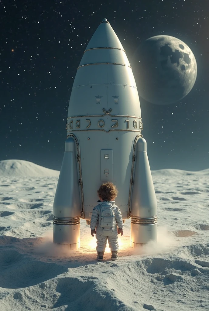 Um homenzinho com um capacete, renderizado em 3D, it's a boy, Wandering in space, ao lado de uma nave espacial, pode ver a terra e o sol,8k