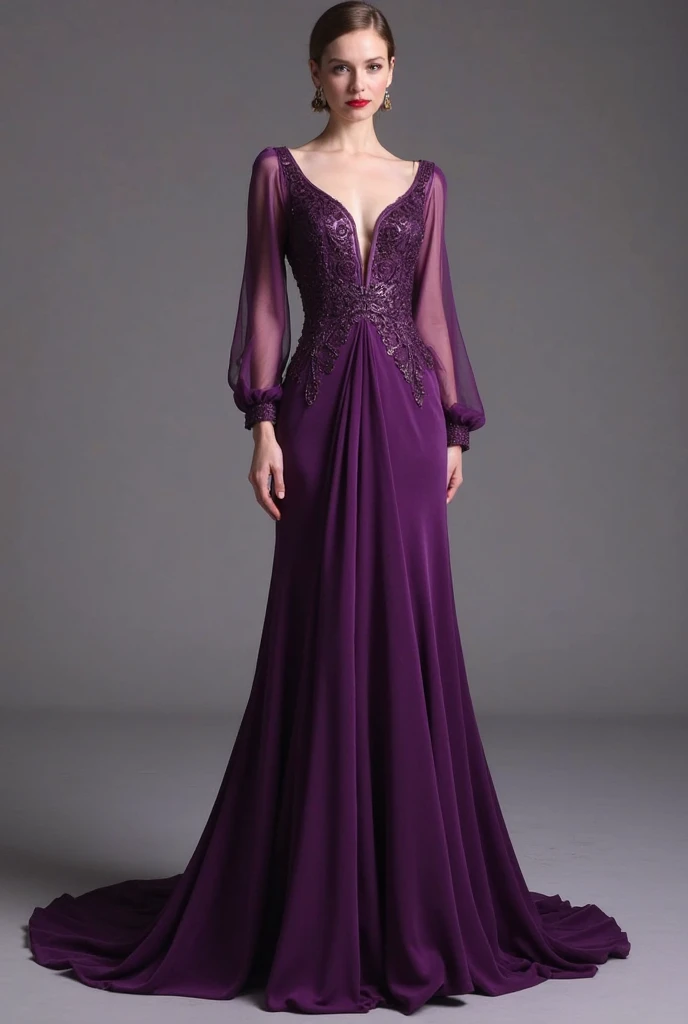 A long, tight purple dress with lots of detailing on it, open in front, and with short, puffy sleeves, with white crystal details and white flower designs, wearing purple gloves with silver flower root details, a brunette person with brown wavy hair wearing it from the front