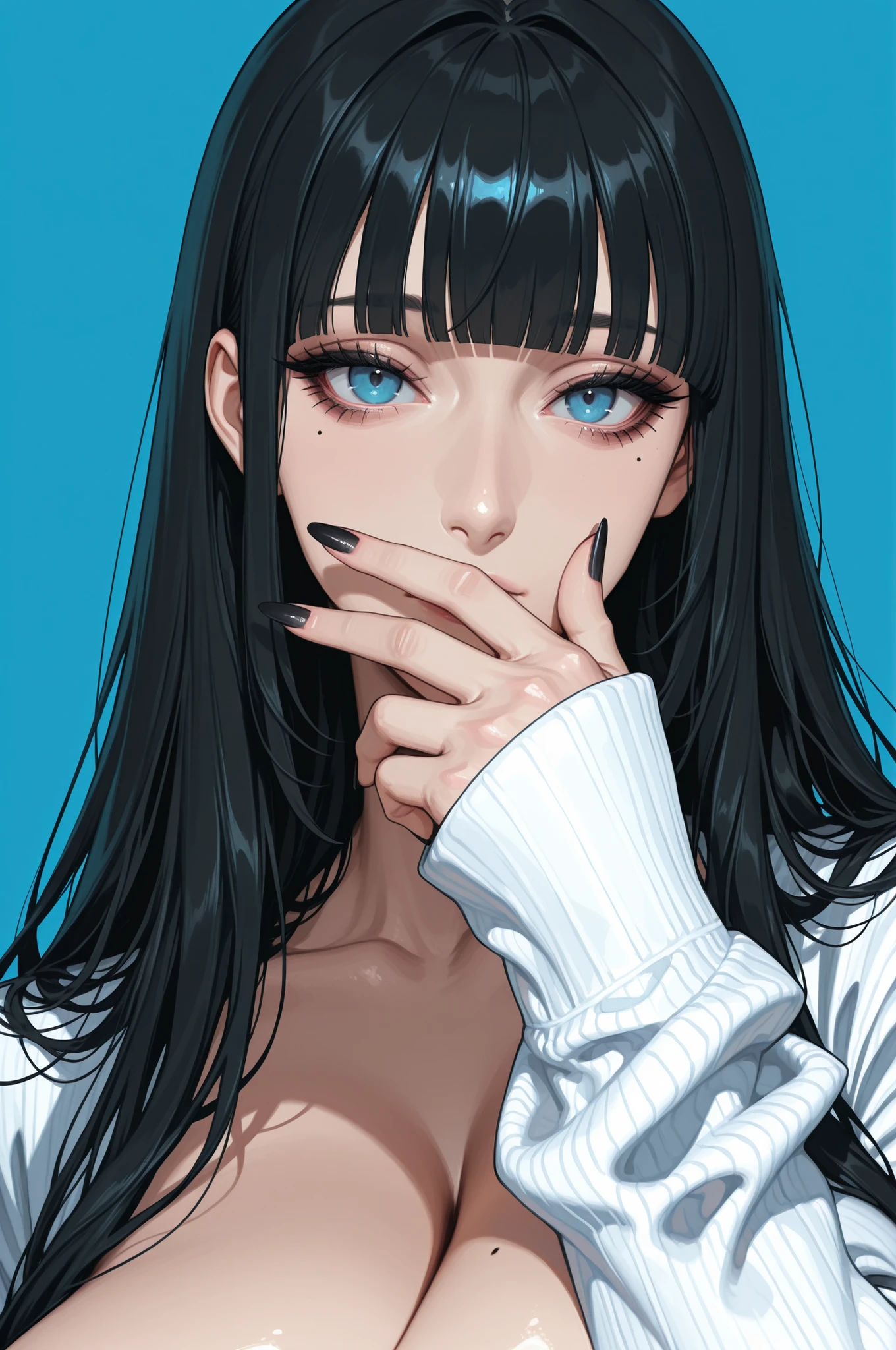 masterpiece, best quality, 1girl, solo, bangs, mole under eye, black nails, blunt bangs, mole, blue background, simple background, black hair, looking at viewer, eyelashes, fingernails, nail polish, covered mouth, portrait, long hair, long fingernails, long sleeves, hand up, close-up, sleeves past wrists, blue eyes, (gigantic breasts:1.2)