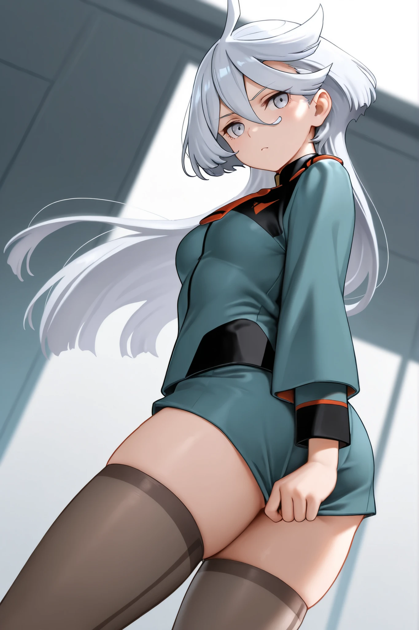 NSFW,(One girl:1.5),miorine1、miorine rembran、Asticasia uniform、solo、Long Hair、Grey Eyes、Grey Hair、Ahoge、Seamed legwear、green micro mini skirt、tie、bangs、Hair between the eyes、Black Pantyhose、Long sleeve、Green jacket、Floating Hair、赤いtie,(Perfect hands),(Perfect Anatomy),(masterpiece),(Highest quality),Embarrassed,blush,(train:1.8),(Being molested:1.5),(Sexual pleasure:1.7),Have patience,Are standing,(男性が背後にAre standing:1.5)
