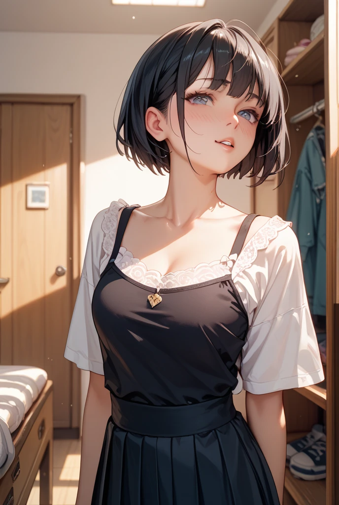 absurdres, RAW photo, extremely delicate and beautiful, masterpiece, Best Quality, ultra high resolution, 32k, hyperrealistic, ultra-detailed, perfect anatomy, anatomically correct, perfect figure, Perfect Style, Perfect balance, in her 20s, very Slim body, narrow waist, very small head, very small face, delicate facial features, detailed face, detailed eyes, tearful mole, earring, very huge round breasts, whole body shot, whole legs, medium hair, asymmetrical hair, indoor, skirt, camisole,
