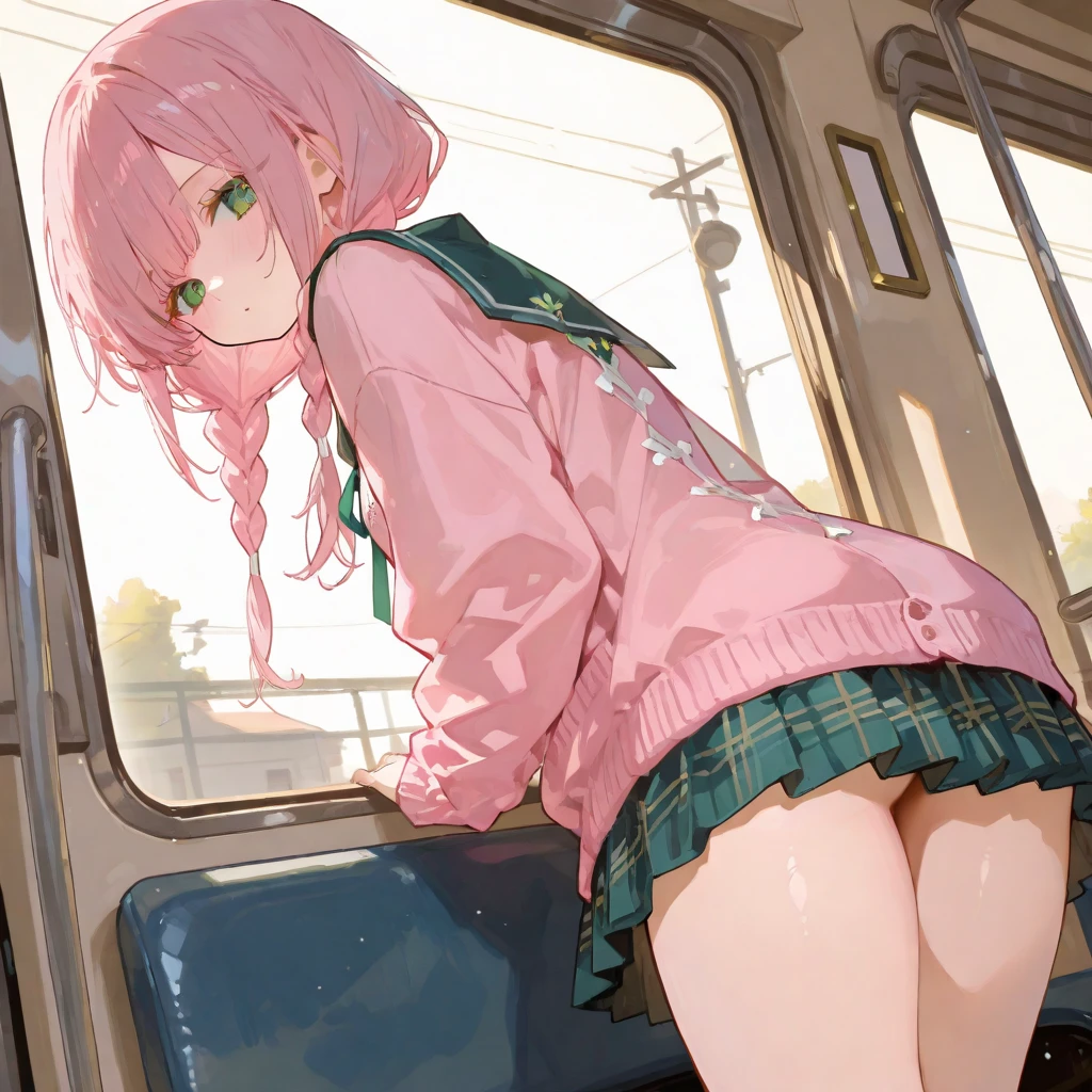 ((best quality)), (masterpiece), (detailed), solo, solo focus, 1girl, young, shortstack, kemono, rabbit, bunny, young, small breasts, big hips, wide hips, big butt, long hair, pink hair, green eyes, white fur, white body, vagina, anus, , train, upskirt, embarrassed, embarrassing,