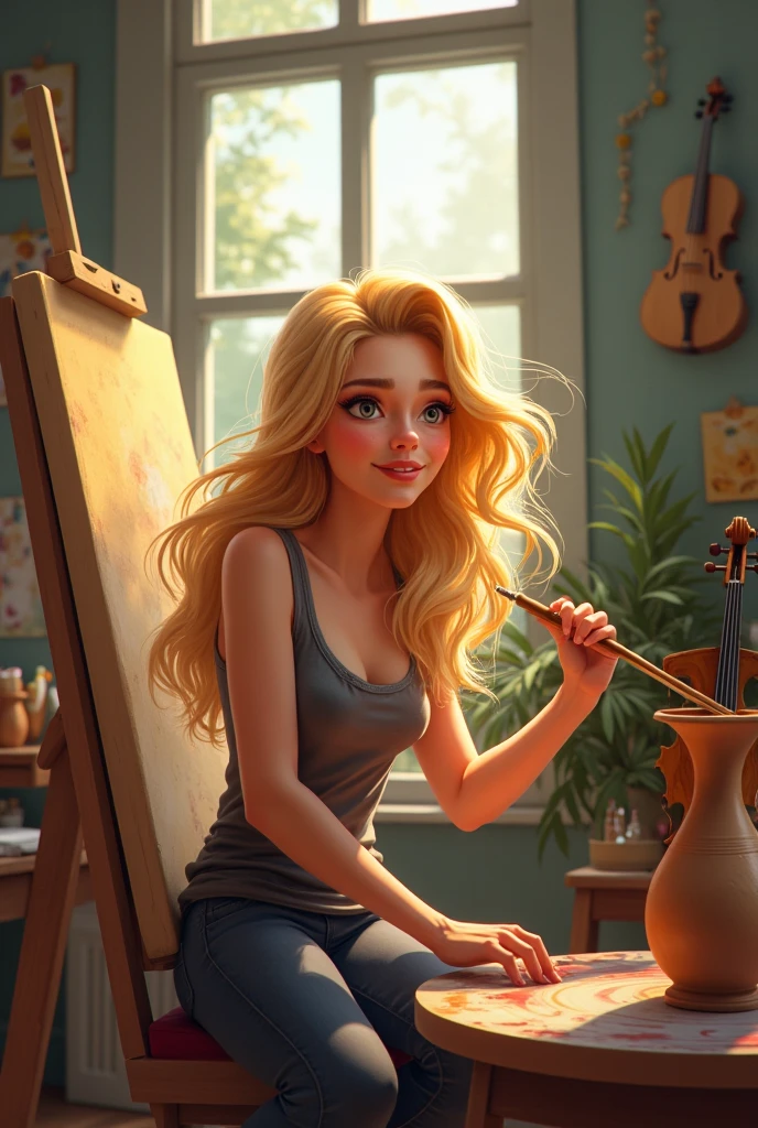 ultra detailed, high quality, best image, masterpiece, top resolution, (((attention to body, not-ugly, detailed hands and legs)))HDR, pixar-style anime image of a princess with light blonde hair, wearing a tiara, a jumpsuit, painting a wall, ponytail