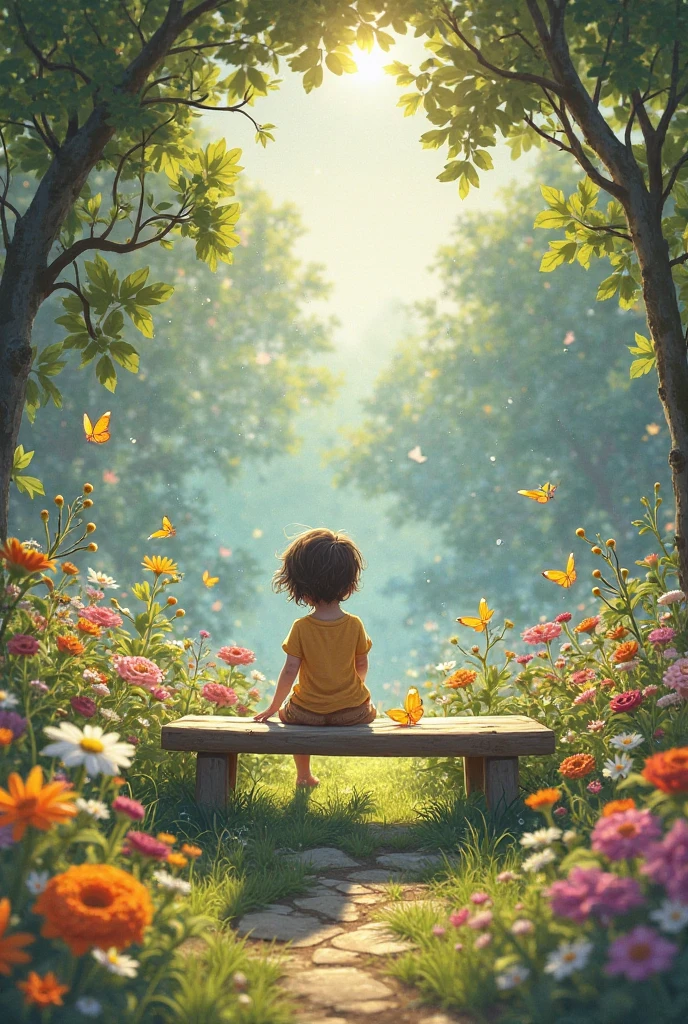 Back on your swing in the garden, the child watches the rainbow-colored flower now radiant in its place. she smiles, feeling at peace, while the surrounding garden seems to vibrate with the colors of the flower.