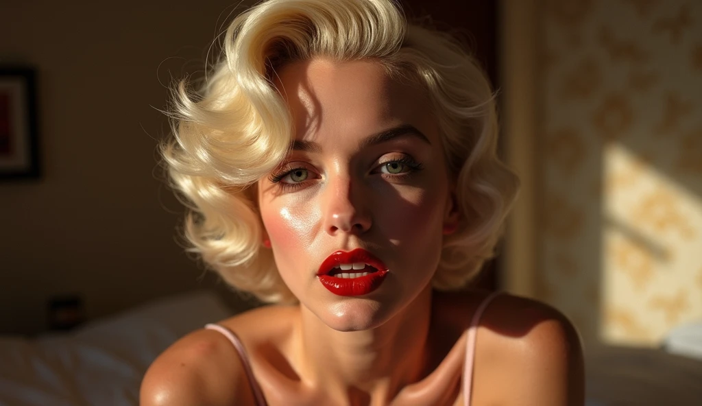 masterpiece, Marilyn Monroe seduce to viewer, sitting on bed, wearing sey bra, swollen eyes, detailed eyes, detailed skin, beautiful skin, ultra high resolution, (night among fireflies), (high detail:1 1), smooth face, natural skin, high quality, nsfw, beautiful eyes, (detailed face and eyes), (face: 1 2), noise, extra, real photo, PSD, lamp film photography, sharp focus, contrast lighting, detailed skin, high resolution 8k, crazy detail, realistic, professional photography, 8k UHD, SLR camera, soft lighting, high quality, film grain, Fujifilm XT3