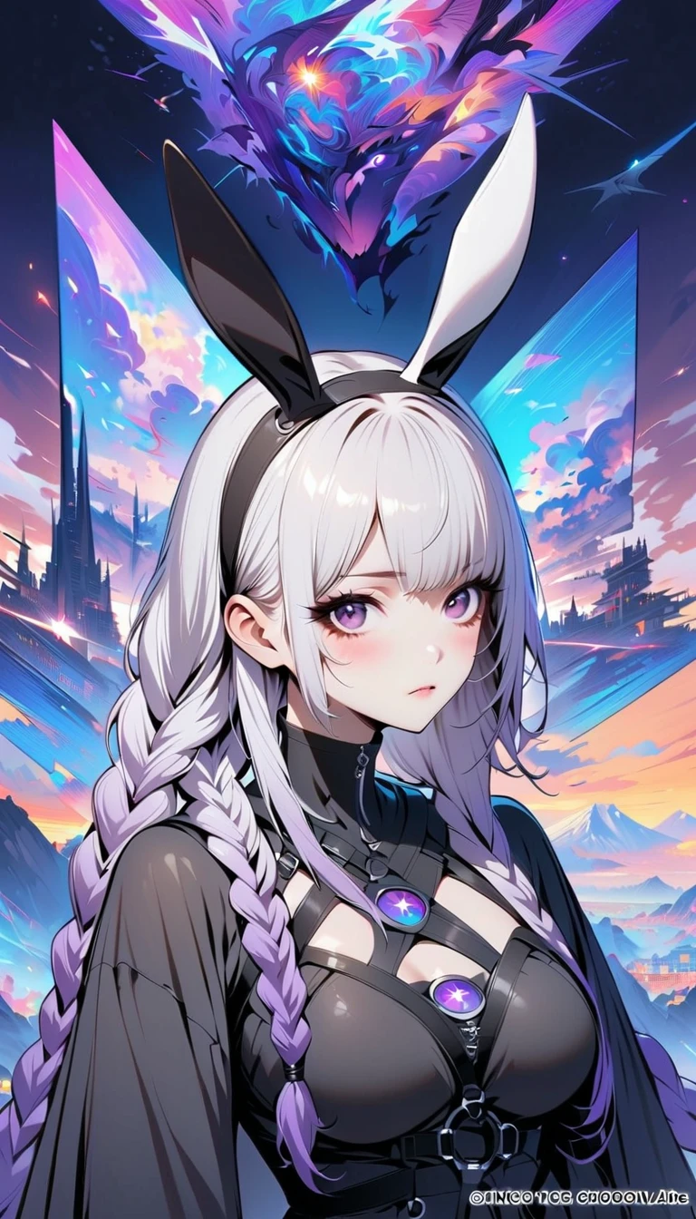 White long hair、Girl、Black Bunny Girl Suit、Fishnet tights、Squat facing forward with legs wide apart、Make a circle with your right hand and place the index finger of your left hand inside it、Blushing