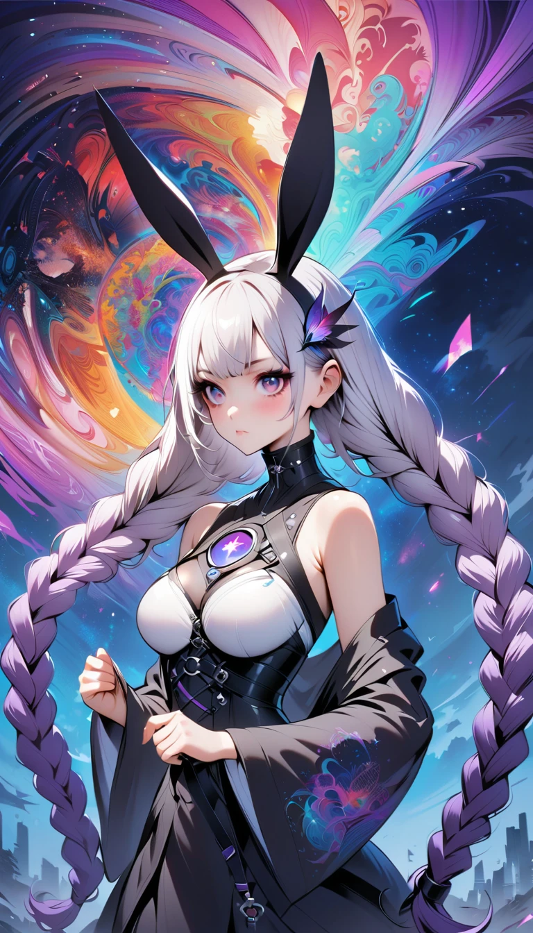 Woman posing with dynamism, (1 adult female, Solo:1.1), Draw only one woman, style of masamune shirow, Beautiful eyes, Draw detailed eyes, Detailed depiction of hair, large boob, big butts, hiquality, hight resolution, ultra-detailliert, high-level image quality, hightquality, 8K, The skin is shiny, Center, Precise human body structure, Scientific background, and draw the full body, Black costume, Vibrant colors, Enamel Art, battle girl, Sexy costume