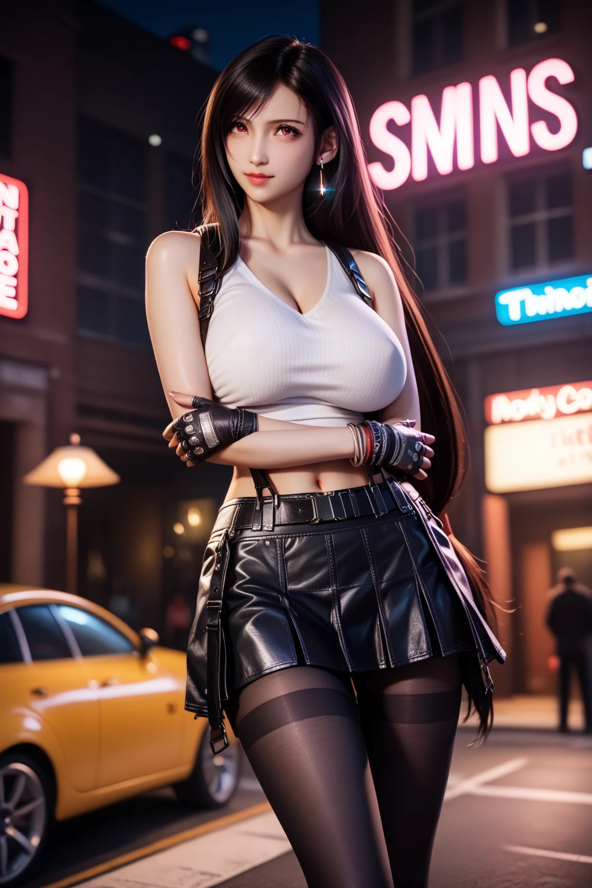 official art, unity 8k wallpaper, ultra detailed, beautiful and aesthetic, masterpiece, best quality, extremely detailed, dynamic angle, cowboy shot, elegant, vivid colours, atmospheric. Tifa lockhart, long black hair, red eyes, hair bangs, (white tank top:1.5), white top, (black miniskirt:1.4), suspenders, stockings, (huge breasts:1.5), cleavage, (red eyes:1.5)one girl, 1 girl, thin waist, wide hips, exposed abdomen, toned abs, toned arms, close up, see through clothes, semi transparant clothes, outside an industrial factory at night, a green atmospheric glow