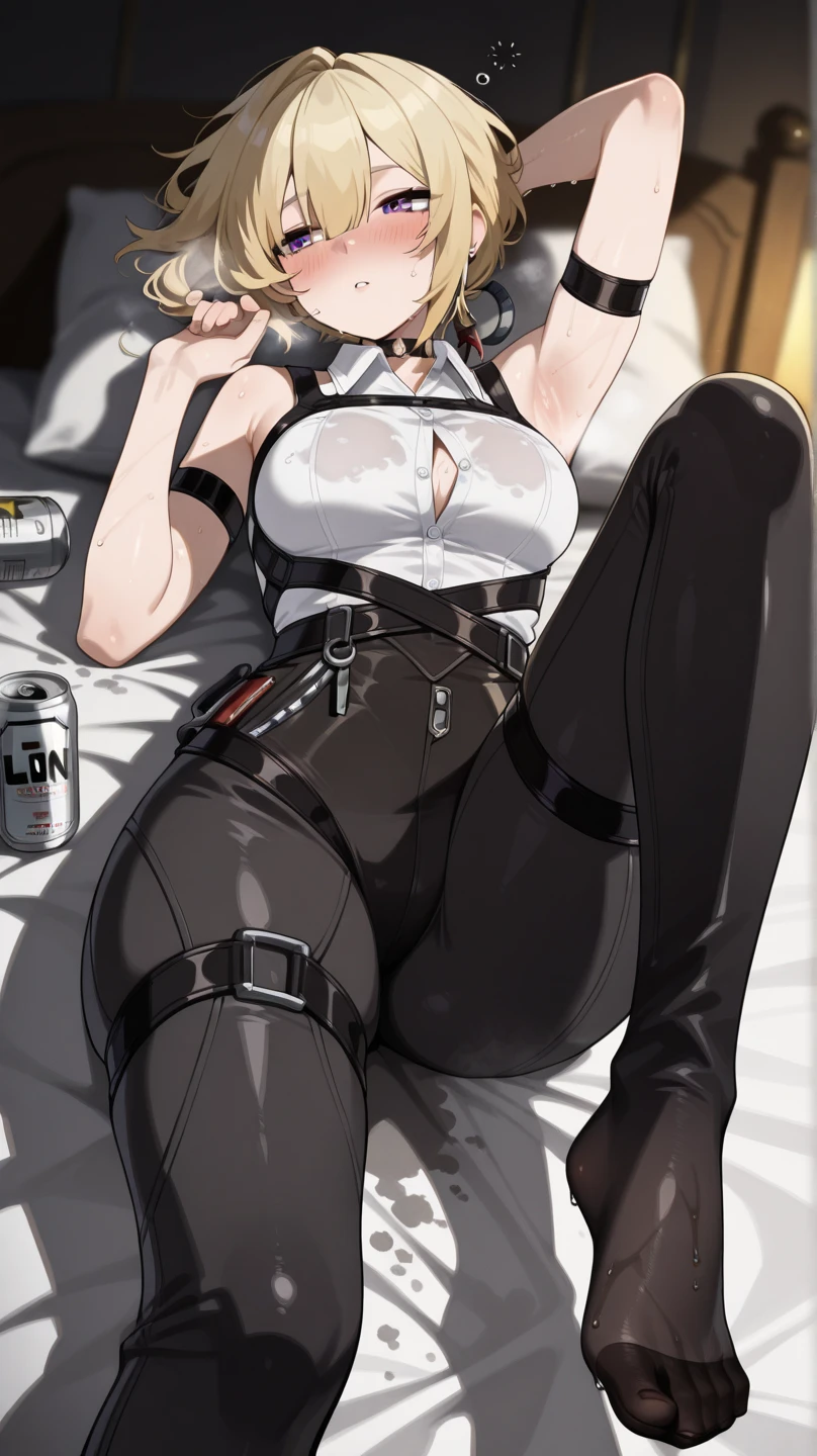masterpiece, highest quality, 1 girl, alone, Are standing, Martian, belly button, abdomen, crop top, white gloves, Ascot, epaulet, white pants, belly button piercing, tight waist, wide hips, very long hair, put your hand on your waist, white capelet, looking at the viewer,(from below:1.5),(ceiling:1.5), (crotch close-up:1.3),cowboy shot