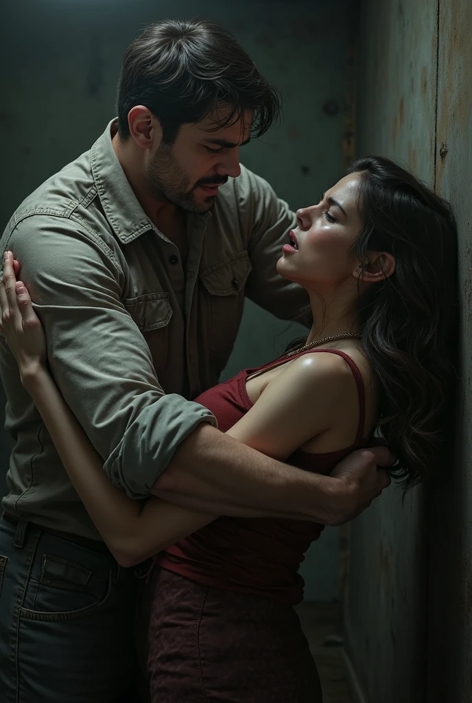 The man in his 45s with black very short hair and smooth face with moustache. The woman in her 45s with brown wavy long hair. They are naked. Night, dark, dim. The woman is leaning against the wall. The man is holding the woman in his arms. Lap sex. They are screaming. Orgasm. Passion. Erotic. Realistic. Ulrta realistic.