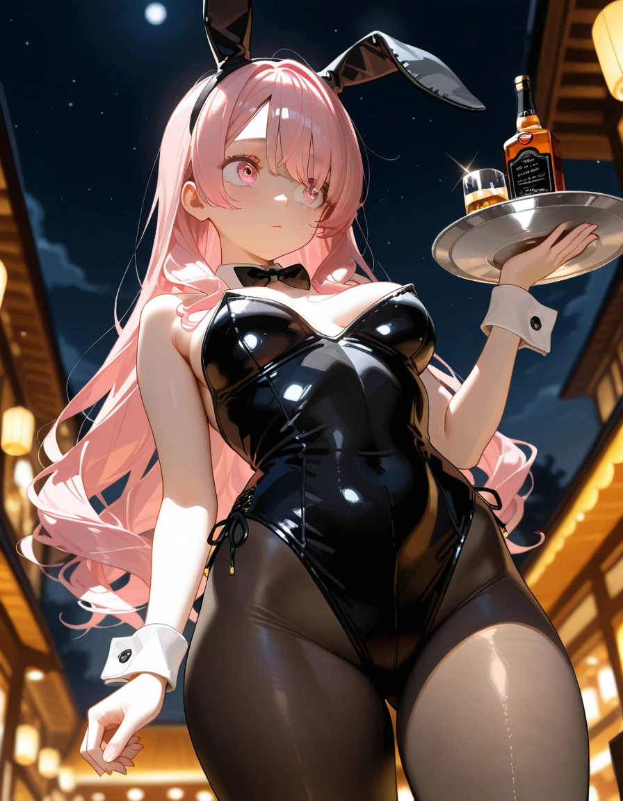 masterpiece, best quality, 1girl, solo, kirisu mafuyu, looking at viewer, annoyed, closed mouth, large breasts, playboy bunny, rabbit ears, black pantyhose, red bowtie, wrist cuffs, black leotard, holding tray, foods, drinks, standing, cafe shop, restaurant, (full body:1.1), cowboy shot