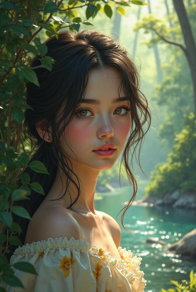 a realistic fox-girl with black hair and nine tails, nine tails, nine tails, beautiful face, high cheekbones, green eyes, very detailed sinto clothes, inspired by Sugimura Jihei, delicate and fine, (tentacles:fox tails:0.5), white form, inspired by Sōami, jormungand, mystical creatures, realistic, ultra detailed, sunrise lighting, detailed forest background