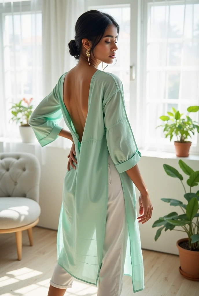 Back view of a woman opening the door to a room