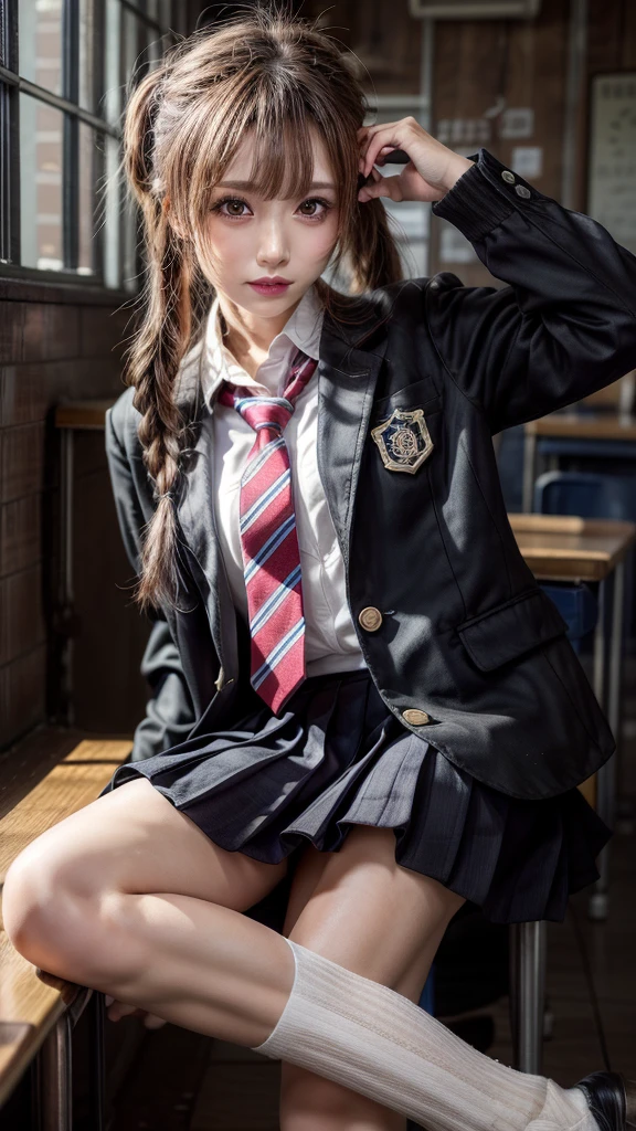 Top quality, high image, 1 woman, 18 years old, school stairs, black jacket, Medium breasts,white blouse,(plaid miniskirt), cotton panties,upskirt,from below1.3