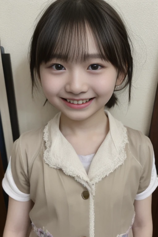 A more beautiful Japanese girl 15 years old wearing a blue t shirt named "Faiza" on shirt