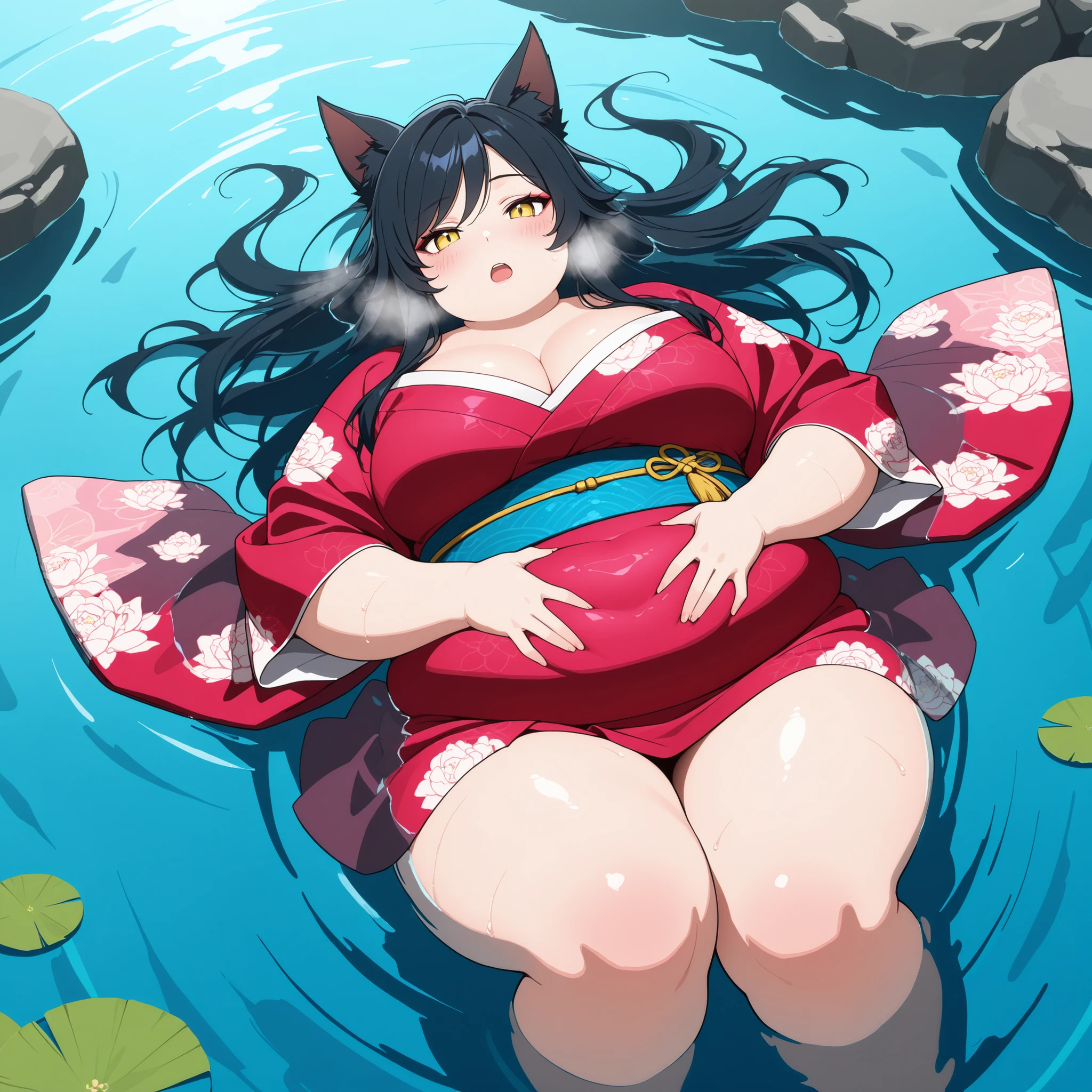 (masterpiece、best quality、Super quality、Perfect anatomical structure、detailed、Intricate details、Impeccable attention to detail、Excellent execution、Big breasts beauty、upscale、Perfect craftsmanship、expressive art:1.3),(fat、Chubby、Plum:3.45), 2 girls, Black hair color, White hair, By Bangs, Wide waist, Wide body,Cat ear,Huge belly,The abdomen is divided into two layers,The belt tightens the belly,sitting in water,The belt tightens the belly,Hip-covering skirt:3),Tight fabric on chest,Chubby,heavy belly,hot spring,Two fat cat women huddled together face to face,sitting in water,Skirt rip,hot spring,eating,hot spring,Tight fabric on chest,kimono,The skirt is tight on the lower abdomen,hot springkimono,kimono,Anime cat girl huge intestines eat a lot of food and intestines on the table - car,swollen stomach
