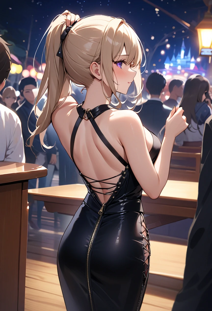 highest quality、Highest image quality、masterpiece、teenage girl((18-year-old、 Agar、vest bust、medium bust,wide open breast tea、golden eyes, blonde、ponytail、slender,highest valley、cute makeup、red nail polish、white gothic loli fashion、vampire teeth、black underwear、claw pose、open your mouth wide、Turn around、Have a microphone、back view、bat hair ornament)),high quality、beautiful art、background((night live house、red laser light、blue laser light、random laser points、Virtual space、golden laser beam、purple laser light)),muste piece、Depth of written boundary、movie、visual art、perfect art、