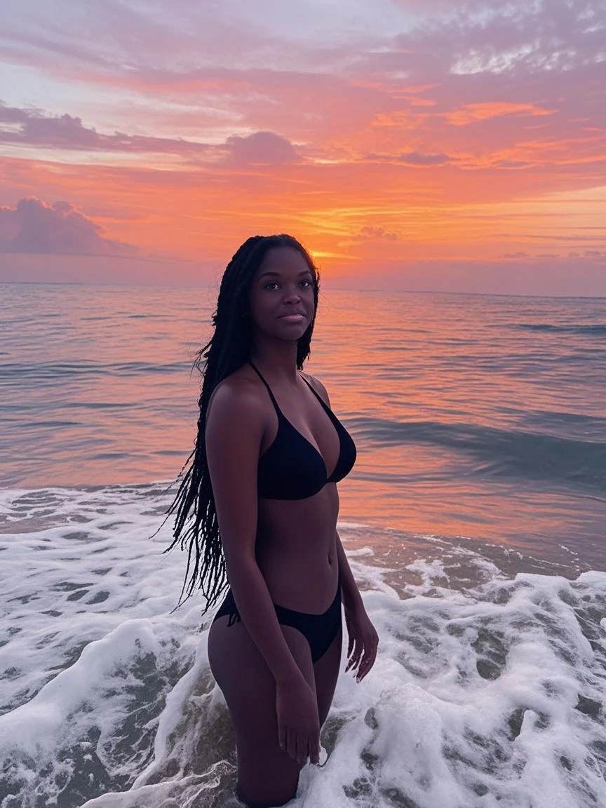 Brazilian, 25 years old, straight hair, dark skin, working out at the gym, thick legs, taking a selfie on the beach, smiling
