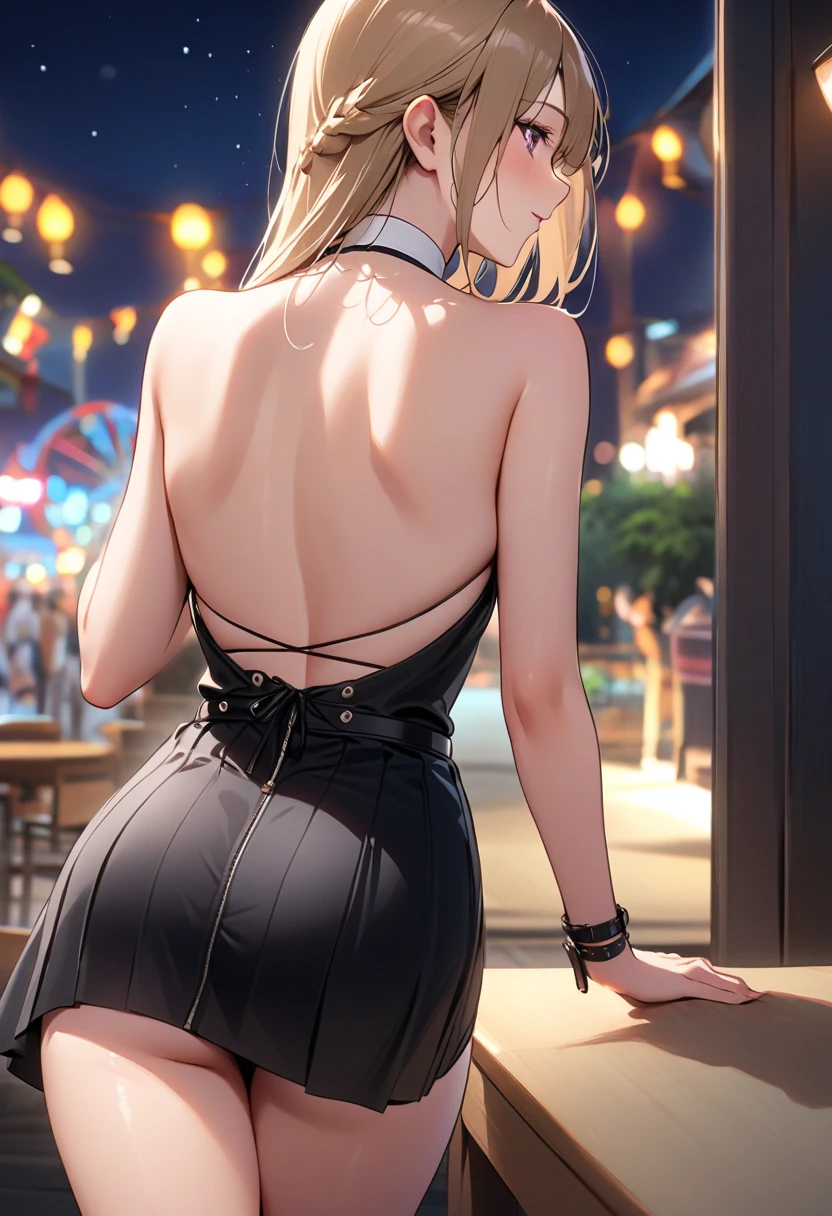 Very detailed、Highest quality、Best image quality、masterpiece、8K、Anime Face、A kind smile、Blonde curly hair、(SFW Giant)、(((Rear View)))、Cowboy Shot、Wear laces、Muscles of the whole body、Beautiful ass