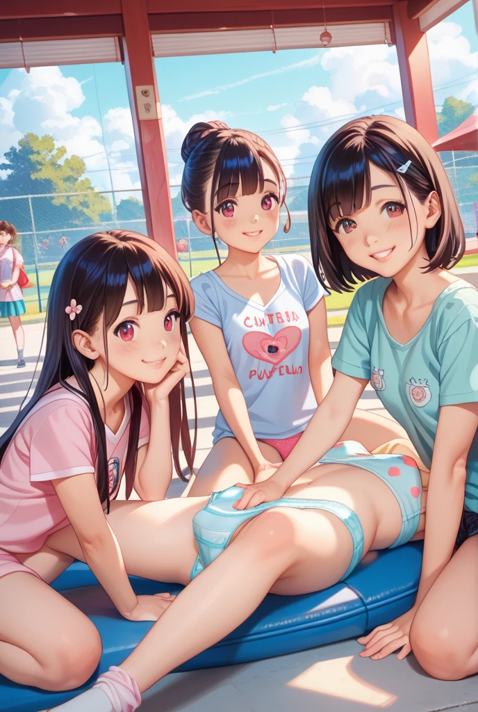masterpiece, best quality, 3girls, 10yo, (petite), ponytail, cowboy shot, from above,
orgasm, heart shaped pupils, standing, nude, small breasts, nipples, bottomless, pussy, (school gym:1), break, girls surrounded by many boys, boys is looking this way surrounded by photographers,